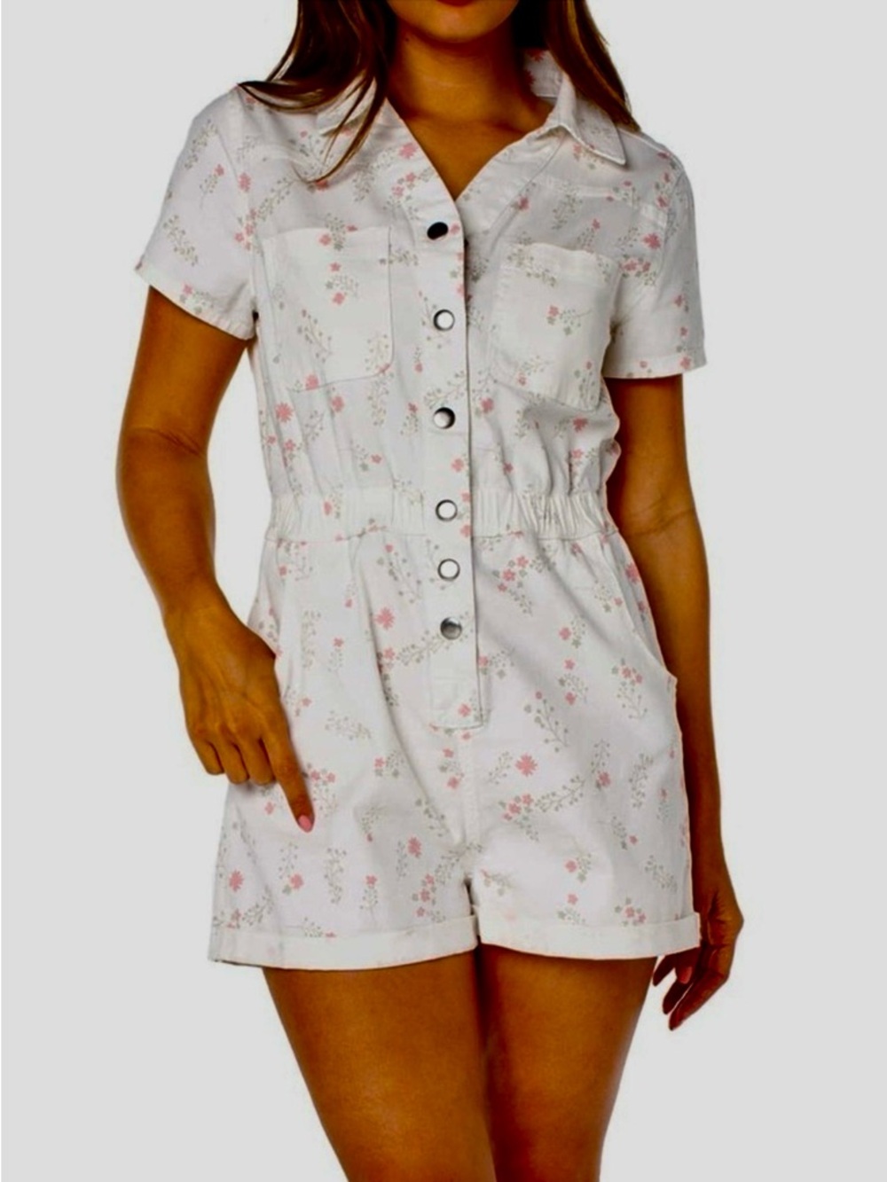 White Denim Short Jumpsuit Celebrity Pink Snap Button Up Front Size XXL